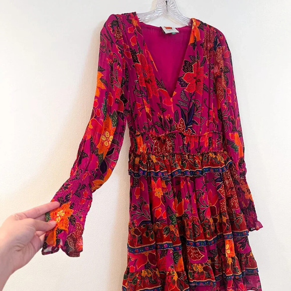 Farm Rio Colorful Pink Floral Tropical V Neck Tiered Long Sleeve Mini Dress XS - Picture 5 of 9
